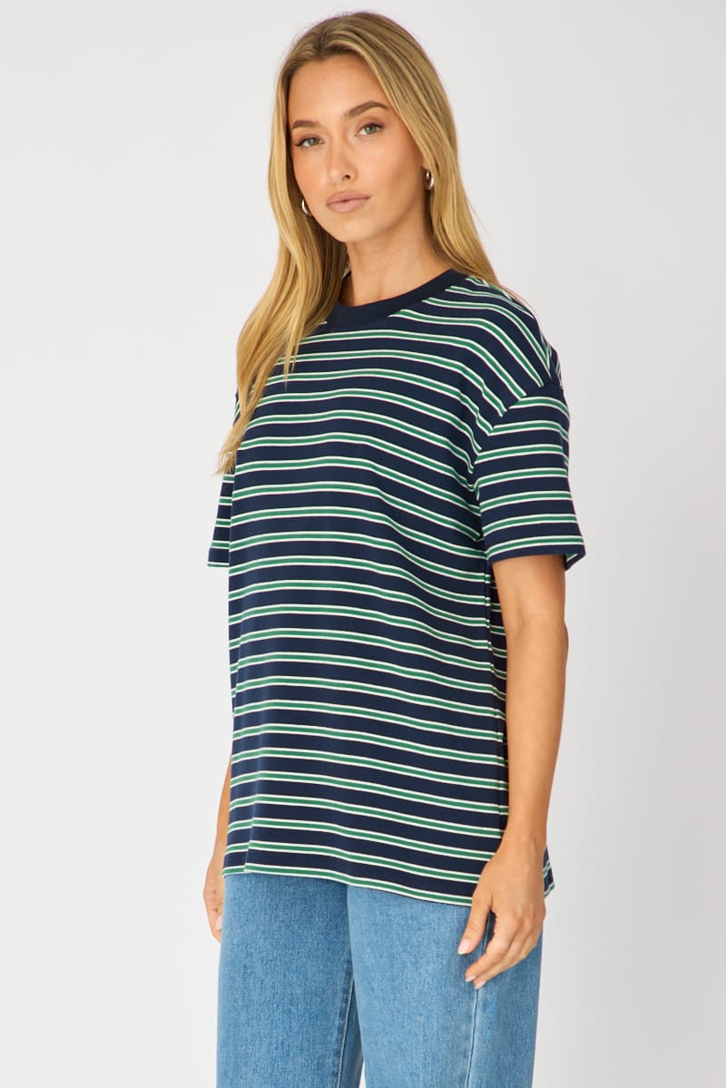 Green Stripe Oversized Tee Short Sleeve for Ally Fashion