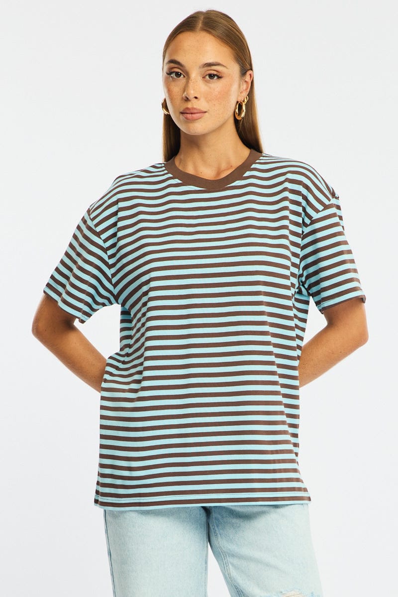 Blue Stripe Oversized Tee Short Sleeve for Ally Fashion