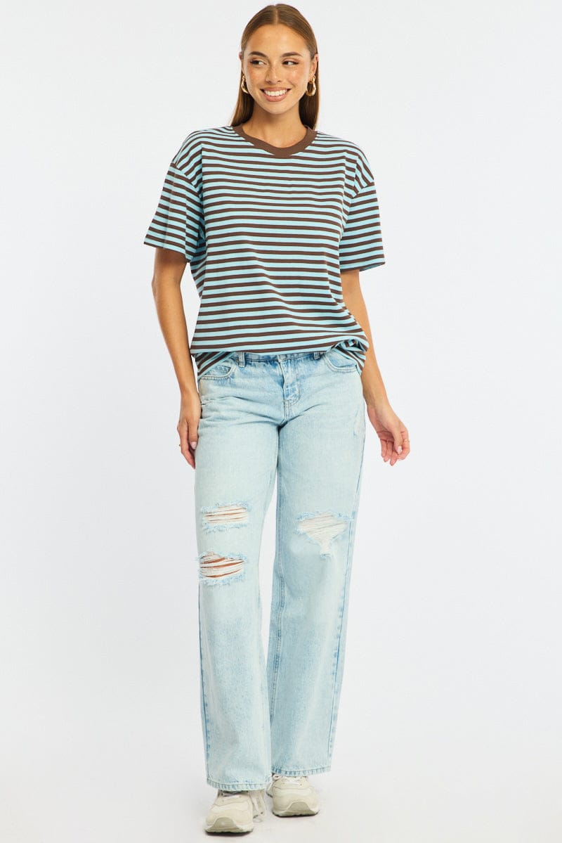 Blue Stripe Oversized Tee Short Sleeve for Ally Fashion