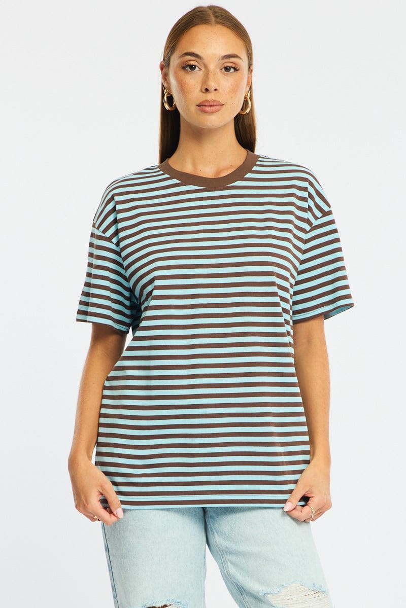 Blue Stripe Oversized Tee Short Sleeve for Ally Fashion