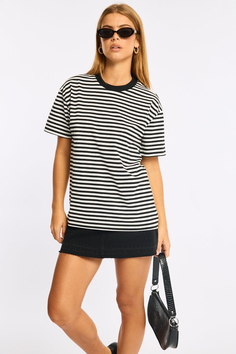 Black Stripe Oversized Tee Short Sleeve for Ally Fashion