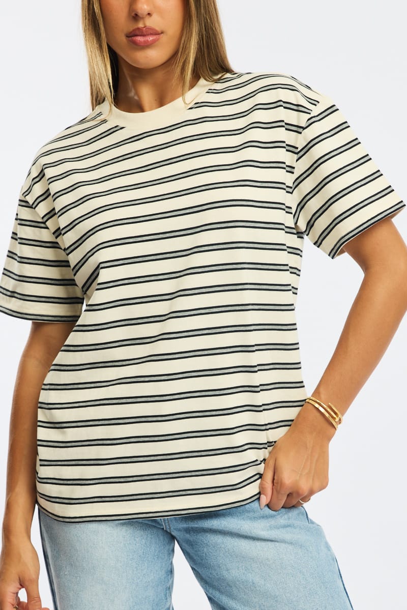 Grey Stripe Oversized Tee Short Sleeve for Ally Fashion