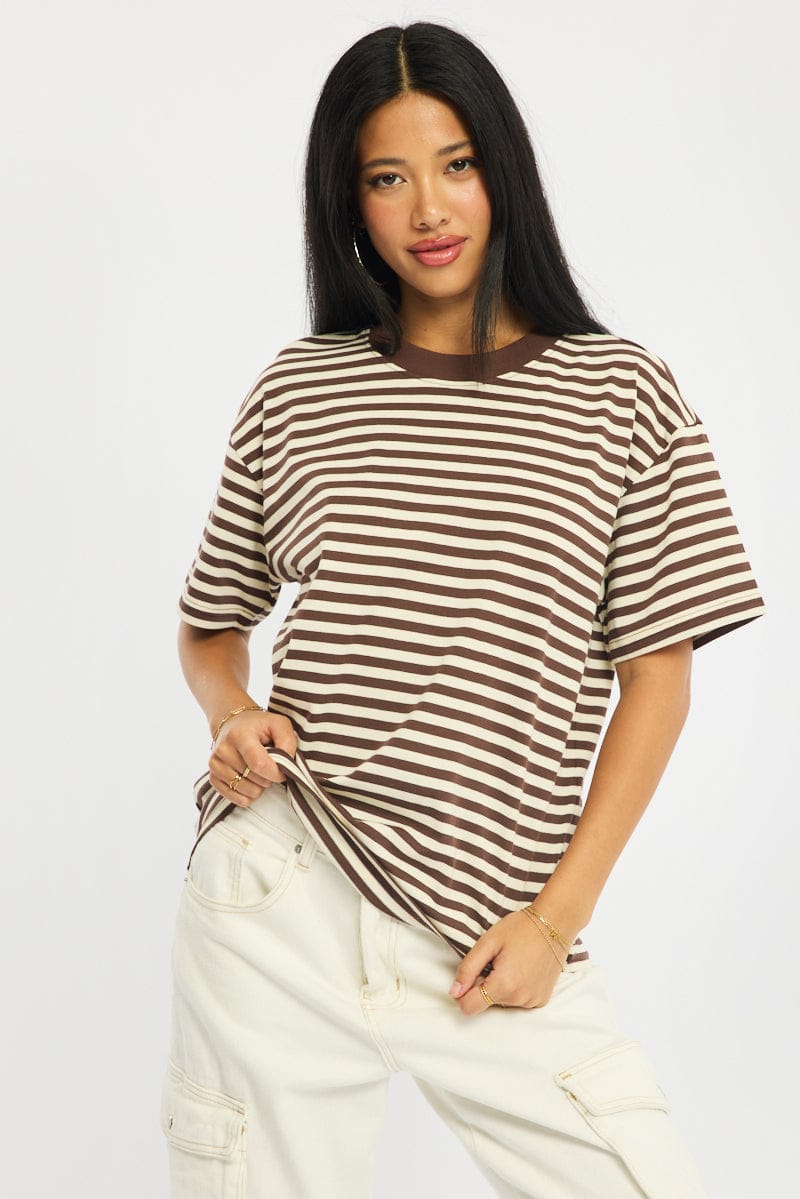 Brown Stripe Oversized Tee Short Sleeve for Ally Fashion