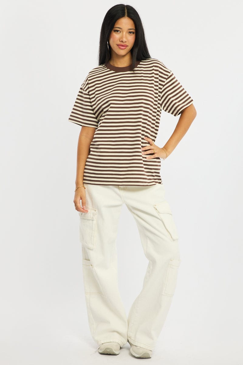 Brown Stripe Oversized Tee Short Sleeve for Ally Fashion