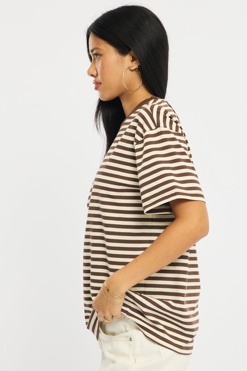 Brown Stripe Oversized Tee Short Sleeve for Ally Fashion