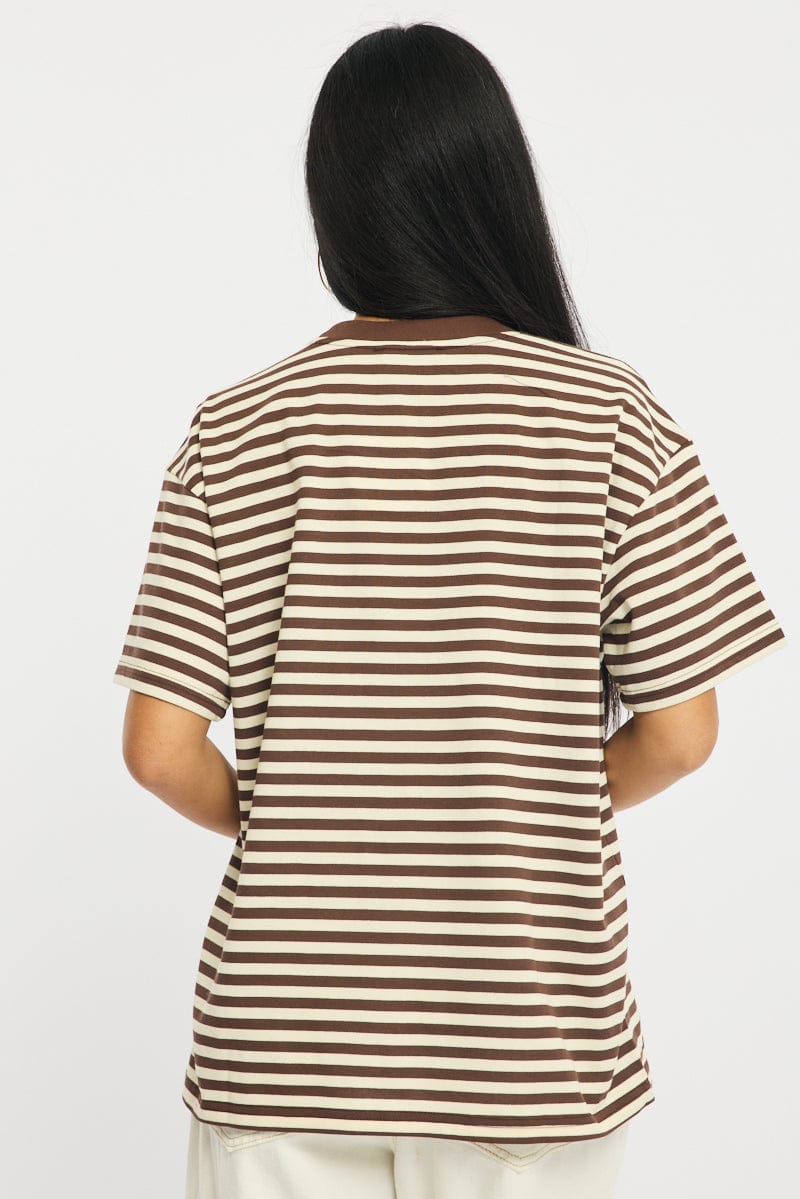 Brown Stripe Oversized Tee Short Sleeve for Ally Fashion