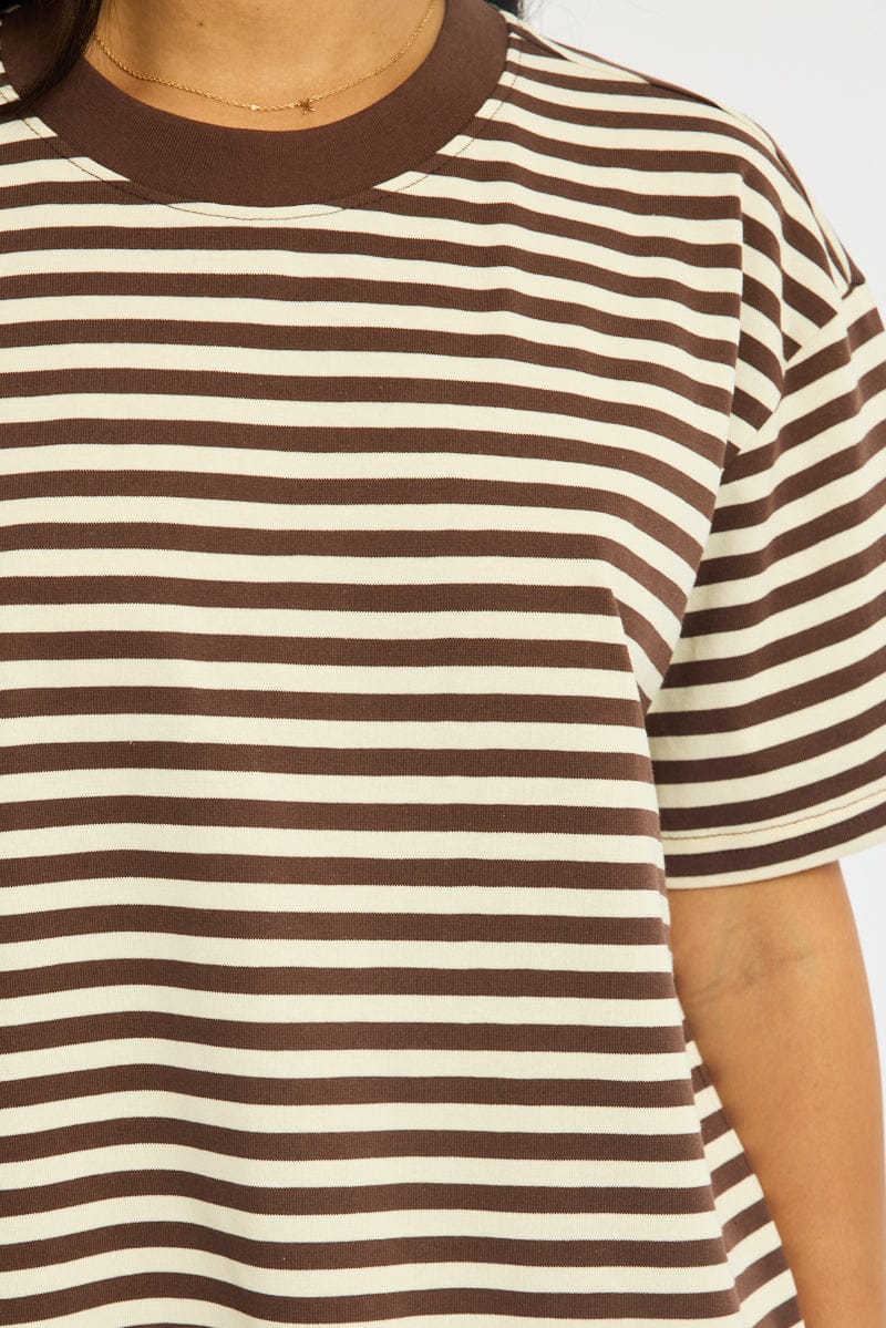 Brown Stripe Oversized Tee Short Sleeve for Ally Fashion