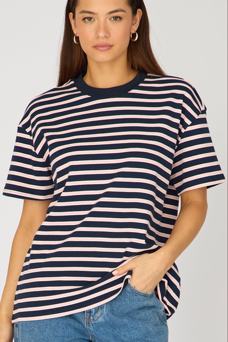 Pink Stripe Oversized Tee Short Sleeve for Ally Fashion