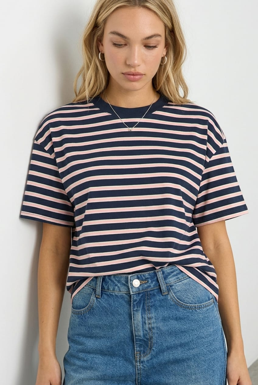 Pink Stripe Oversized Tee Short Sleeve for Ally Fashion