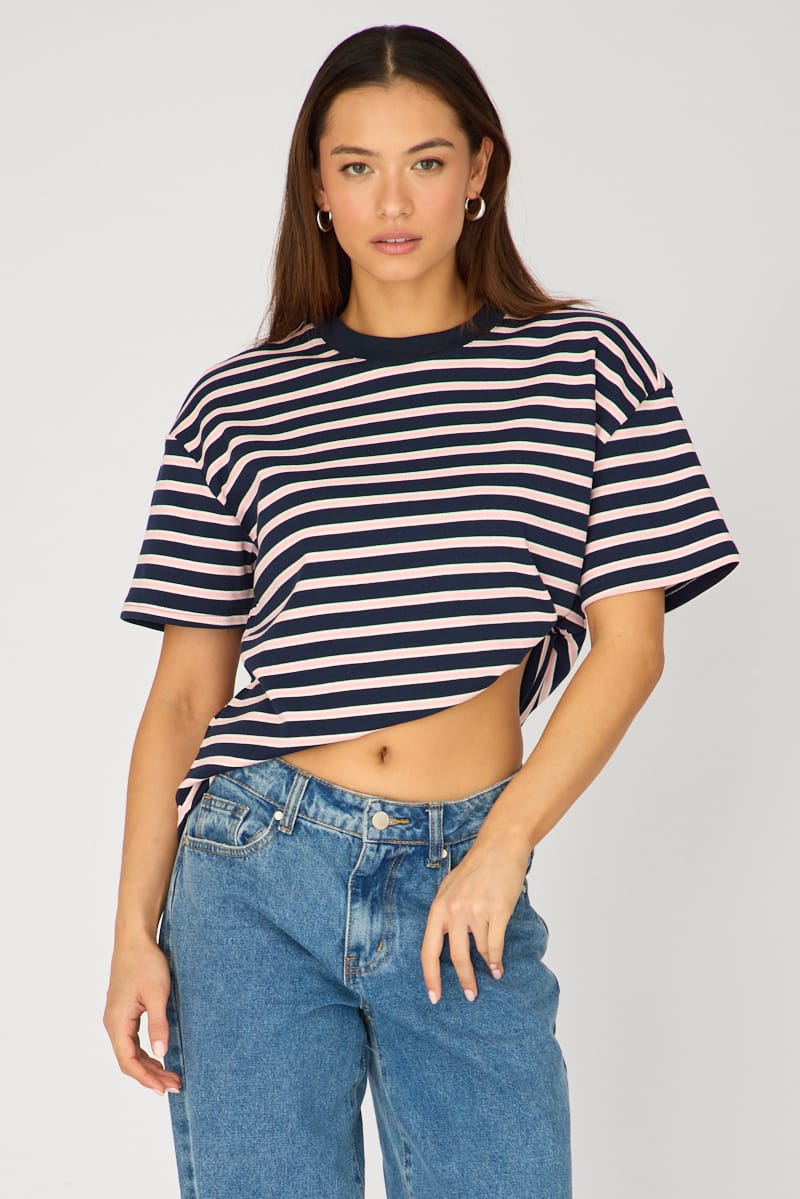 Pink Stripe Oversized Tee Short Sleeve for Ally Fashion
