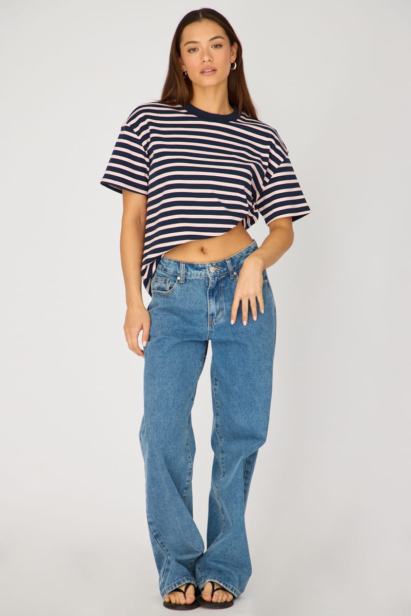 Pink Stripe Oversized Tee Short Sleeve for Ally Fashion