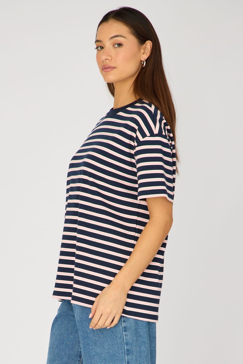 Pink Stripe Oversized Tee Short Sleeve for Ally Fashion