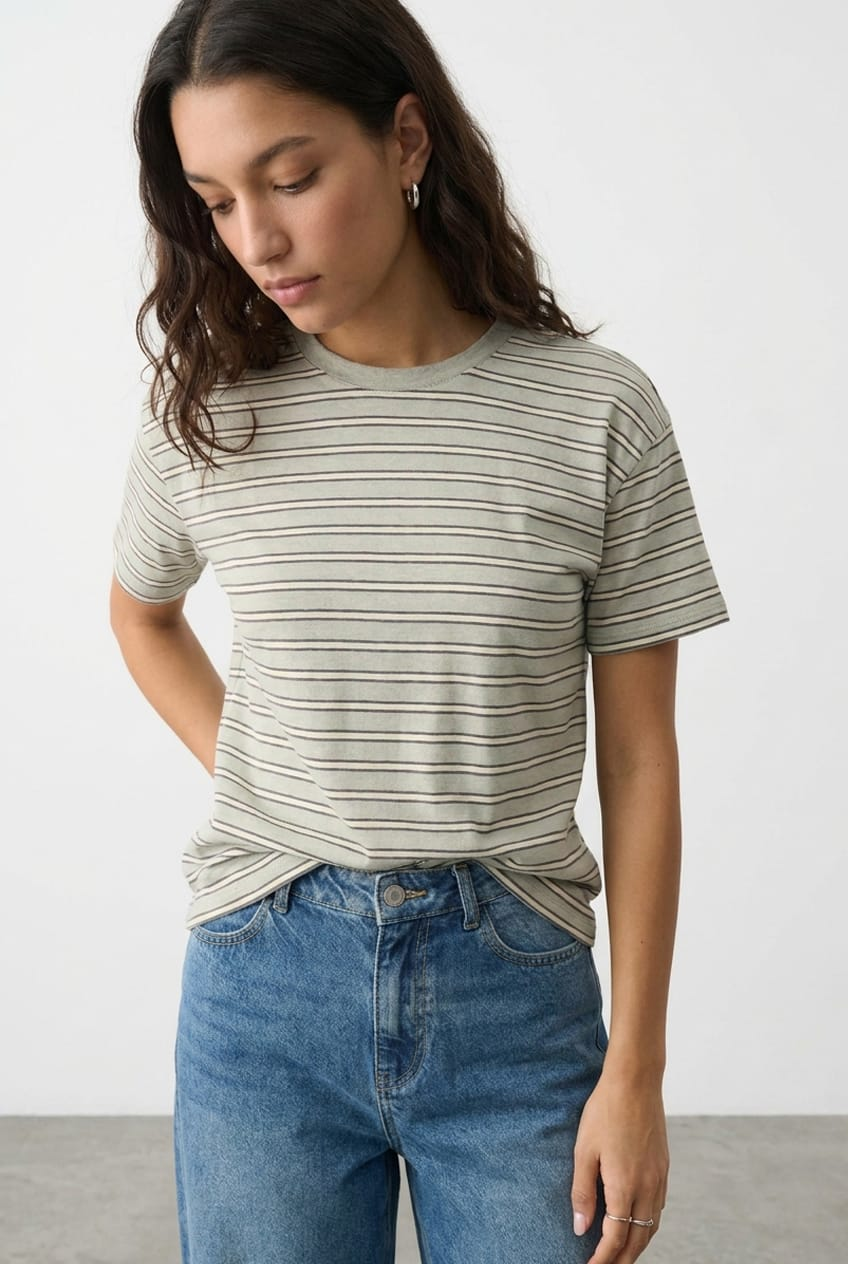Grey Stripe Oversized Tee Short Sleeve for Ally Fashion