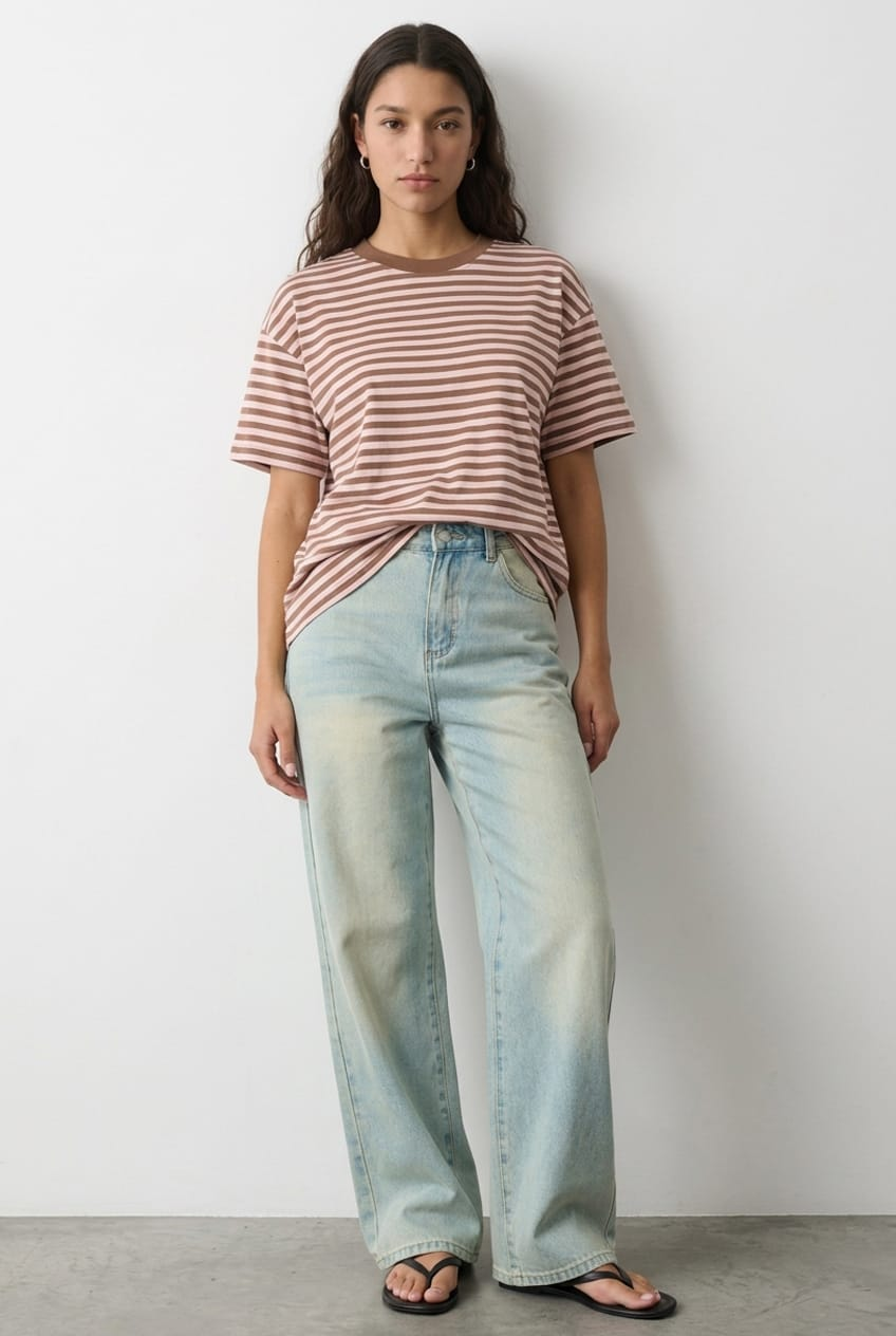 Pink Stripe Oversized Tee Short Sleeve for Ally Fashion