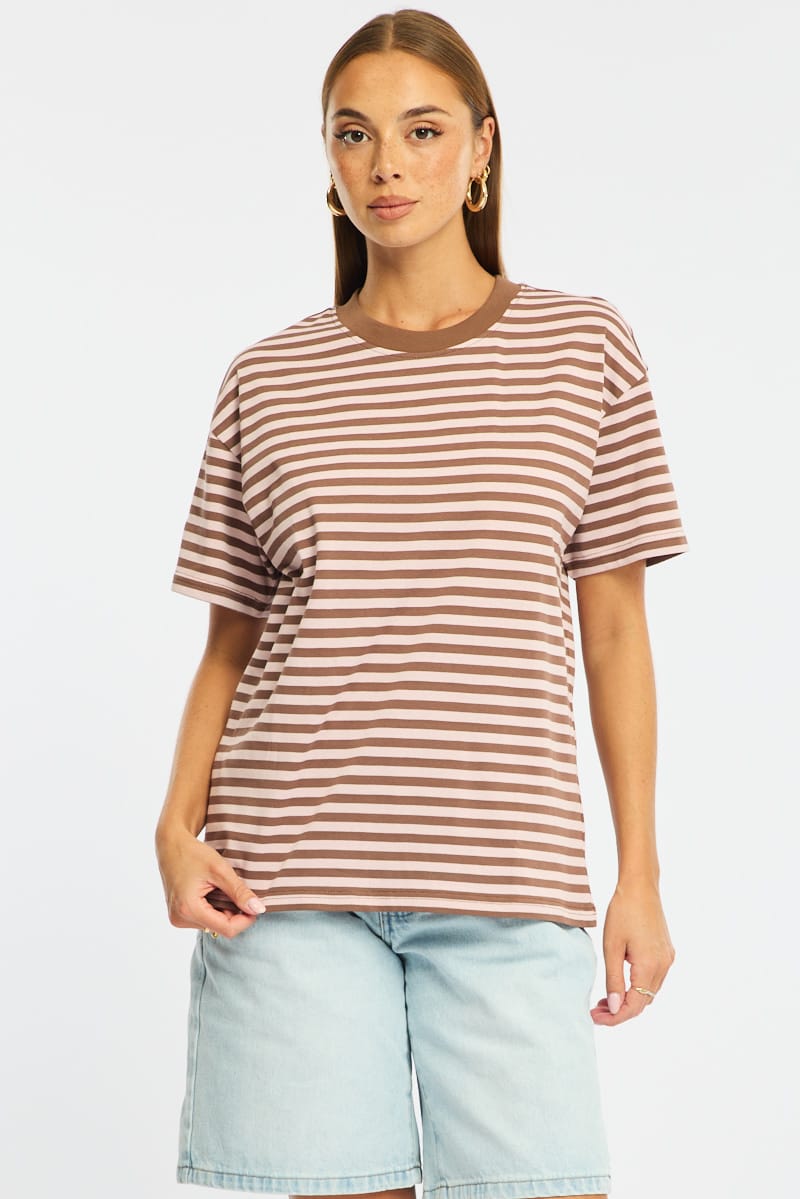 Pink Stripe Oversized Tee Short Sleeve for Ally Fashion