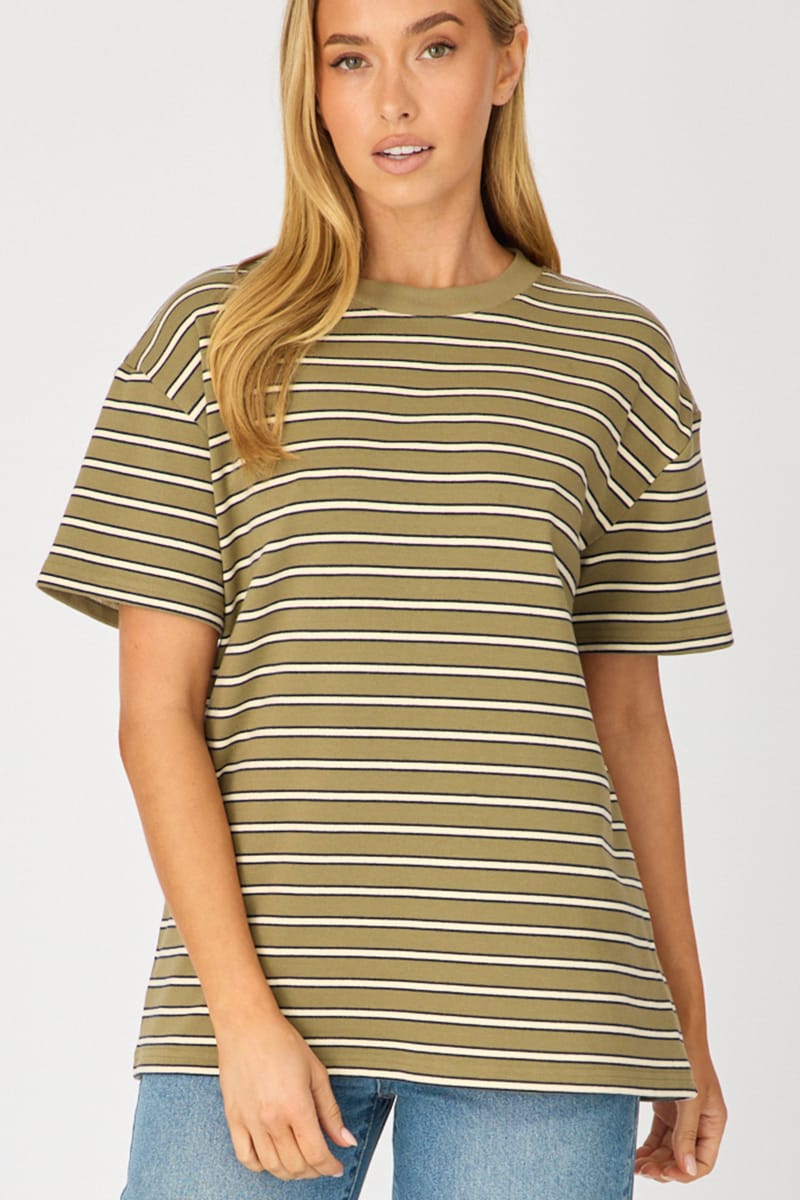 Green Stripe Oversized Tee Short Sleeve for Ally Fashion