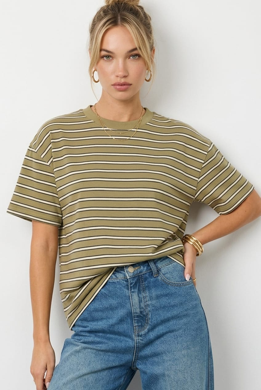 Green Stripe Oversized Tee Short-Sleeve from Ally Fashion