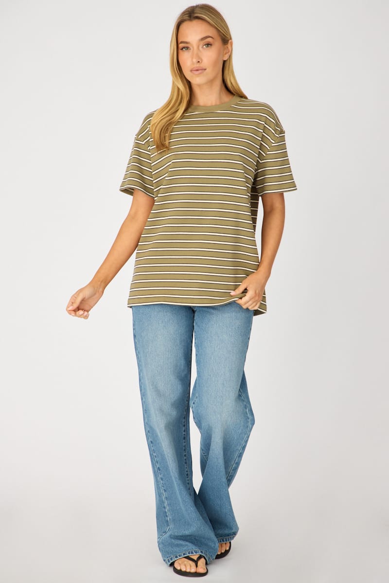 Green Stripe Oversized Tee Short Sleeve for Ally Fashion