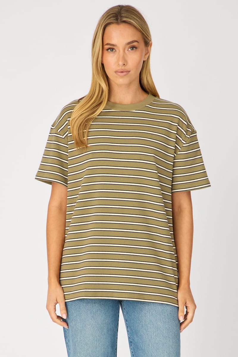 Green Stripe Oversized Tee Short Sleeve for Ally Fashion
