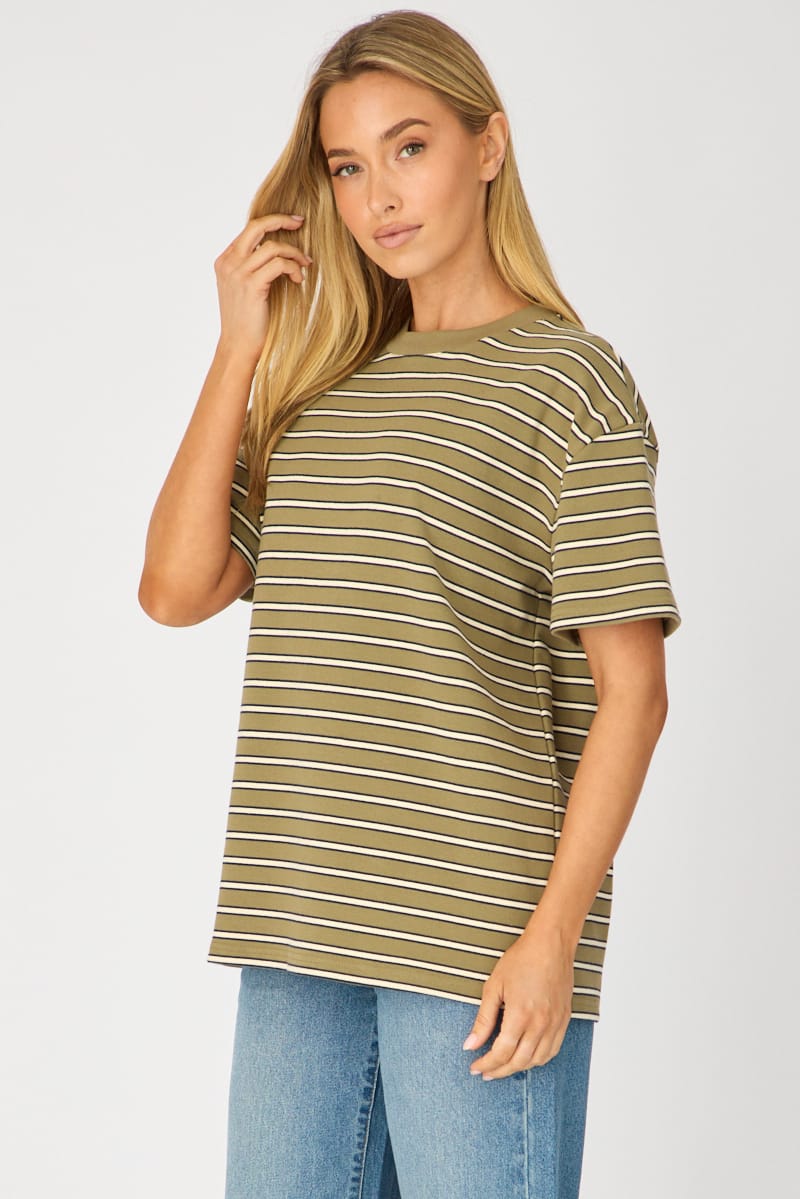 Green Stripe Oversized Tee Short Sleeve for Ally Fashion