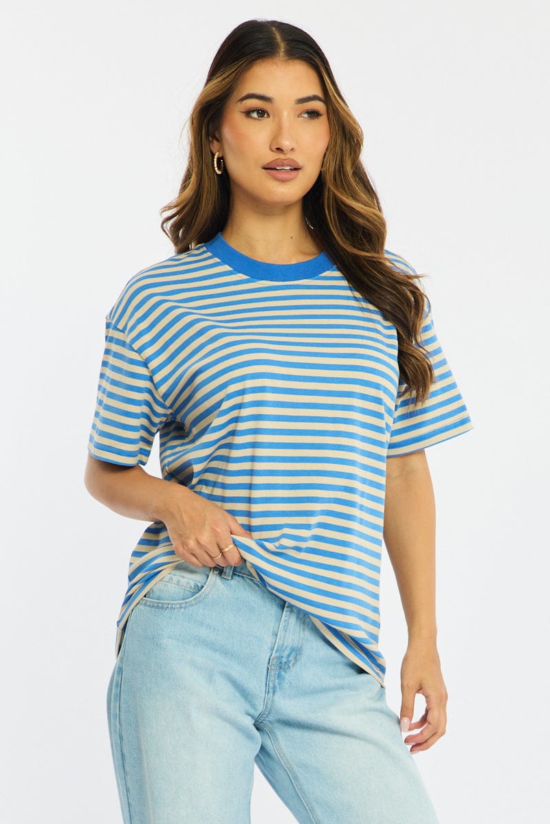 Blue Stripe Oversized Tee Short Sleeve for Ally Fashion