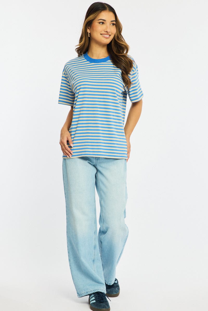Blue Stripe Oversized Tee Short Sleeve for Ally Fashion