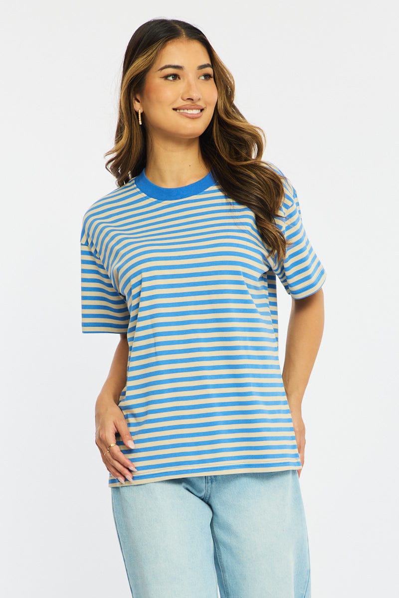 Blue Stripe Oversized Tee Short Sleeve for Ally Fashion