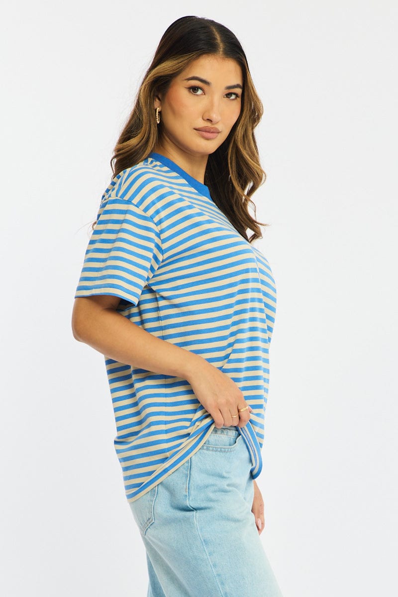 Blue Stripe Oversized Tee Short Sleeve for Ally Fashion