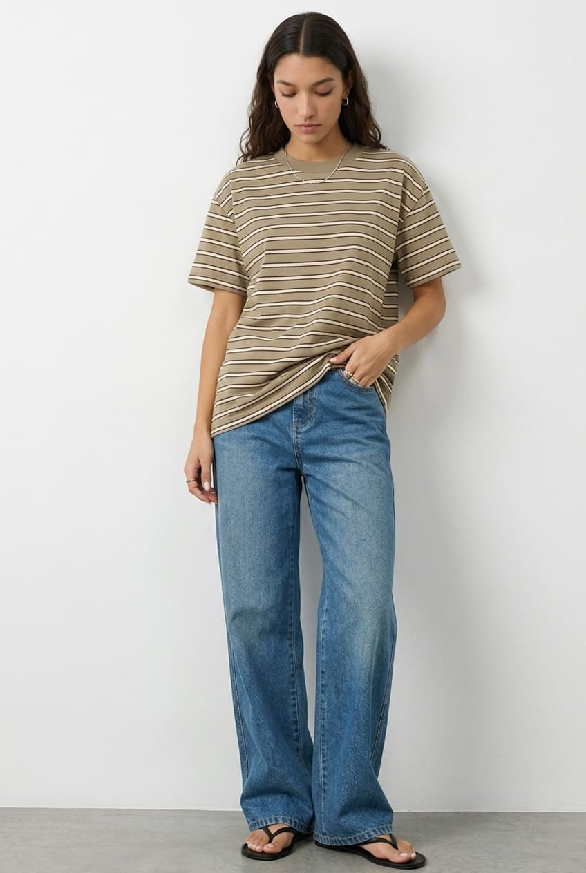 Grey Stripe Oversized Tee Short Sleeve for Ally Fashion