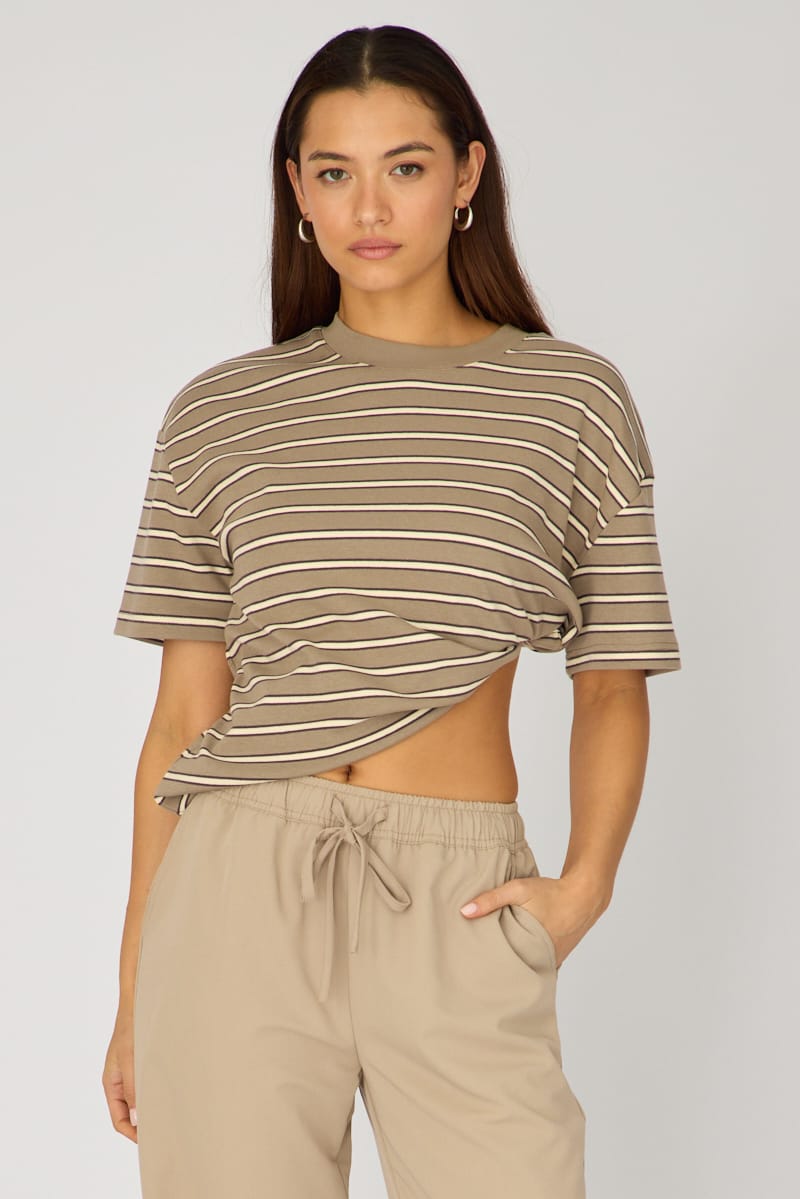 Grey Stripe Oversized Tee Short Sleeve for Ally Fashion