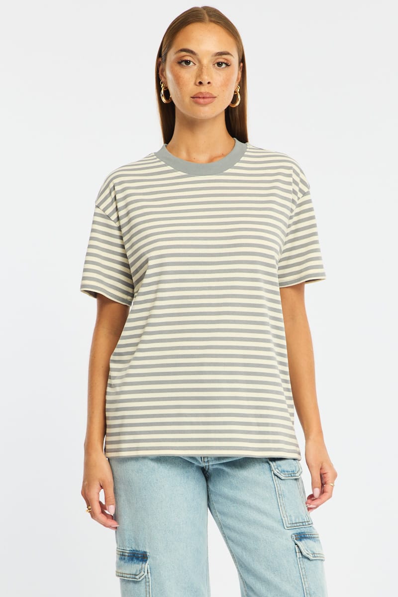 Grey Stripe Oversized Tee Short Sleeve for Ally Fashion