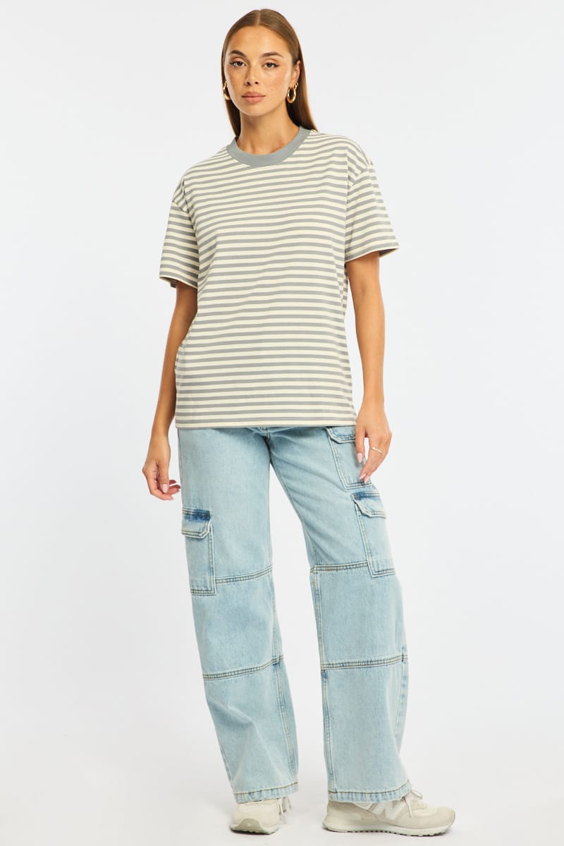 Grey Stripe Oversized Tee Short Sleeve for Ally Fashion