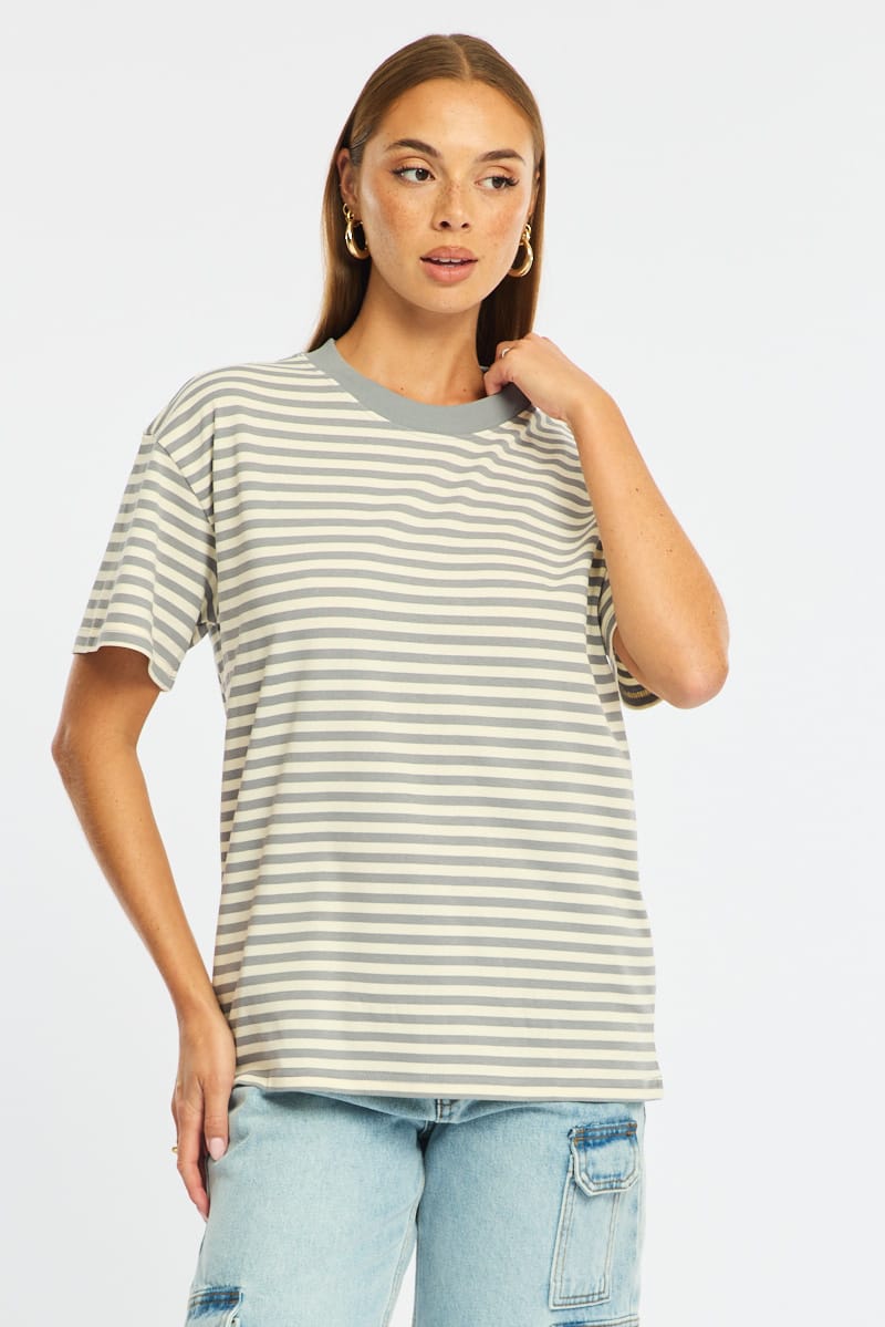 Grey Stripe Oversized Tee Short Sleeve for Ally Fashion
