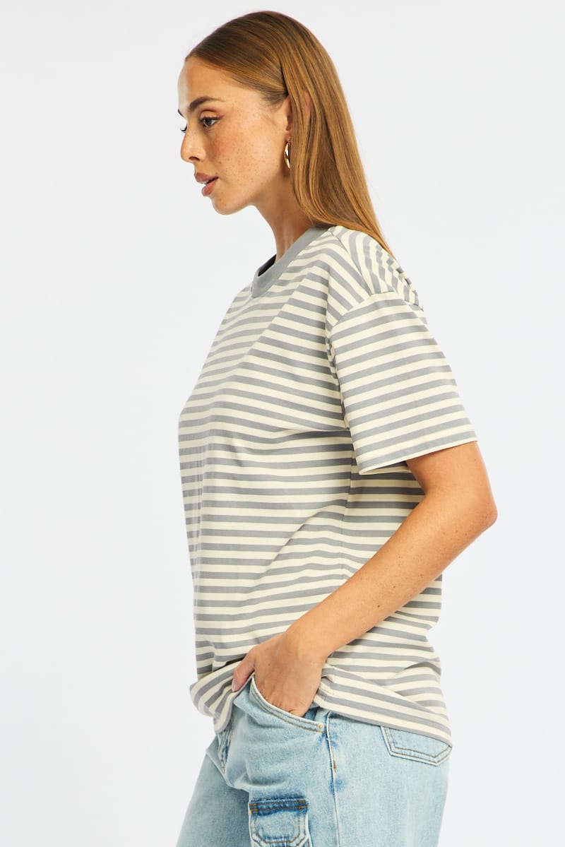 Grey Stripe Oversized Tee Short Sleeve for Ally Fashion