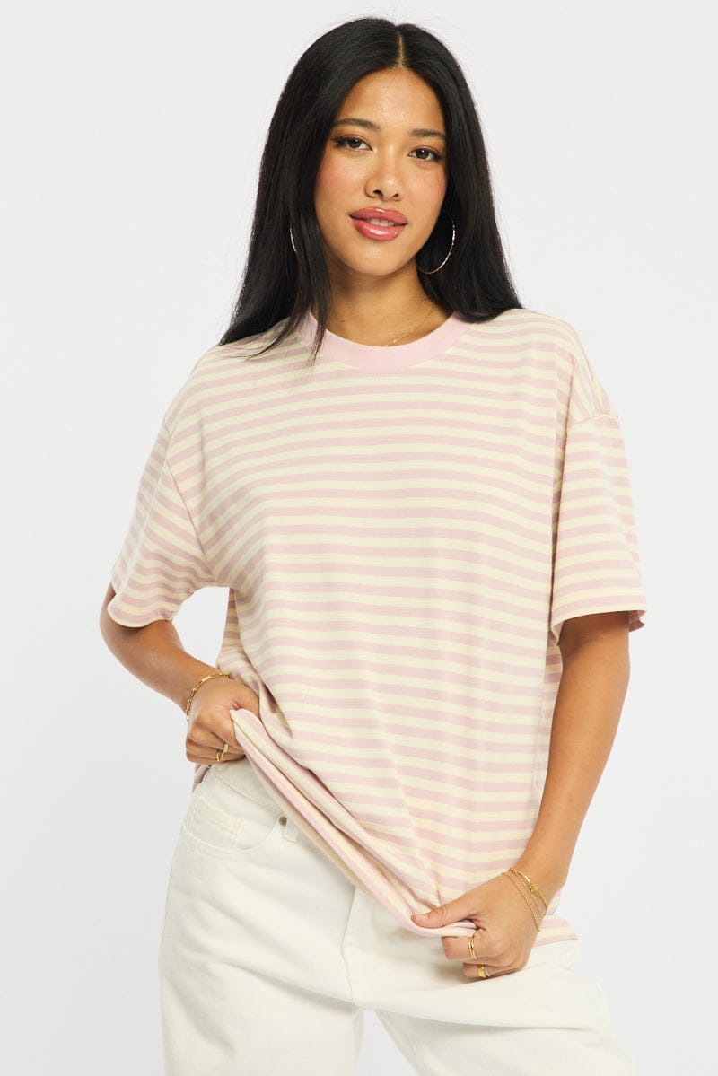 Pink Stripe Oversized Tee Short Sleeve for Ally Fashion