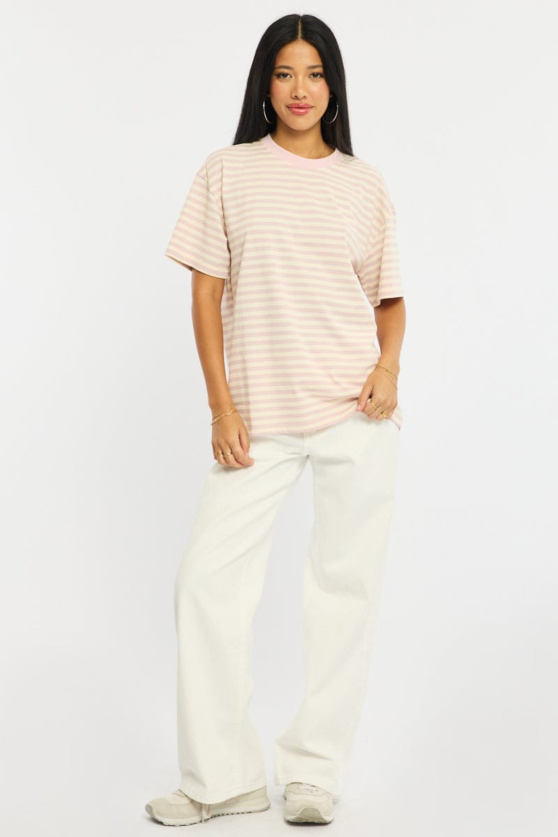 Pink Stripe Oversized Tee Short Sleeve for Ally Fashion