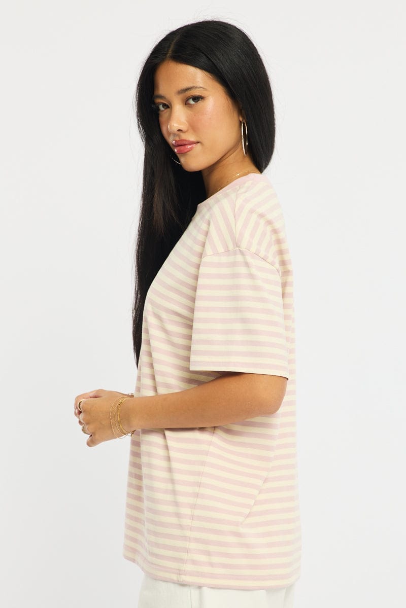 Pink Stripe Oversized Tee Short Sleeve for Ally Fashion