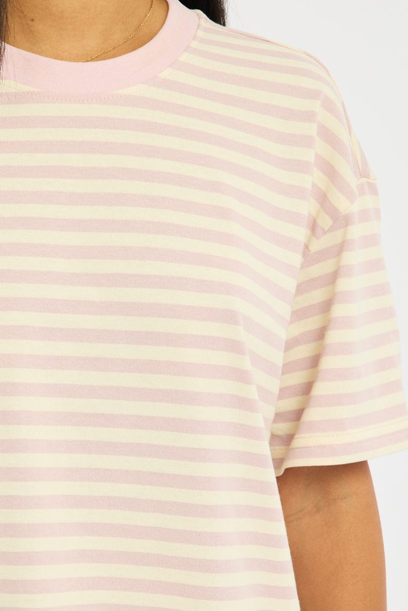 Pink Stripe Oversized Tee Short Sleeve for Ally Fashion