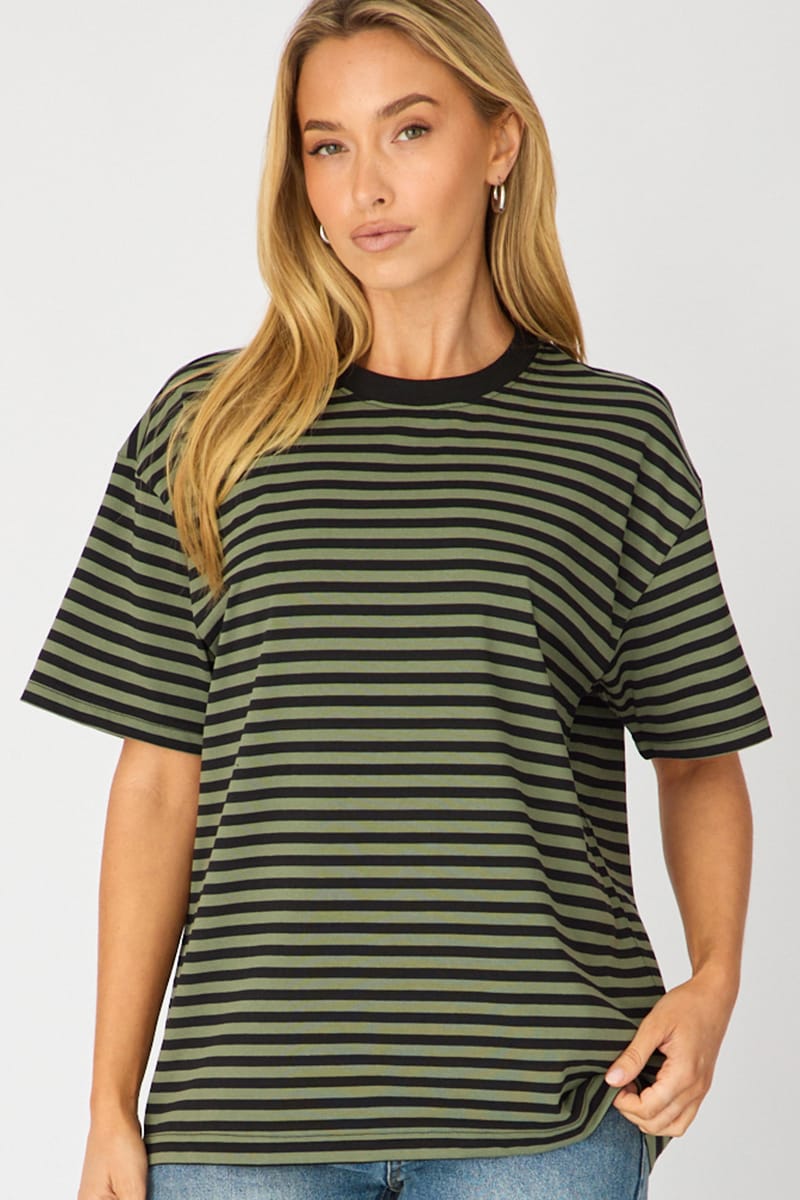 Green Stripe Oversized Tee Short Sleeve for Ally Fashion