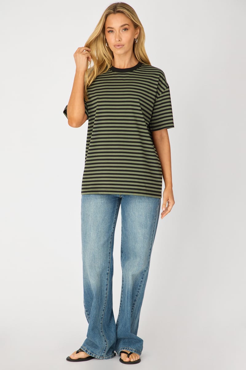 Green Stripe Oversized Tee Short Sleeve for Ally Fashion