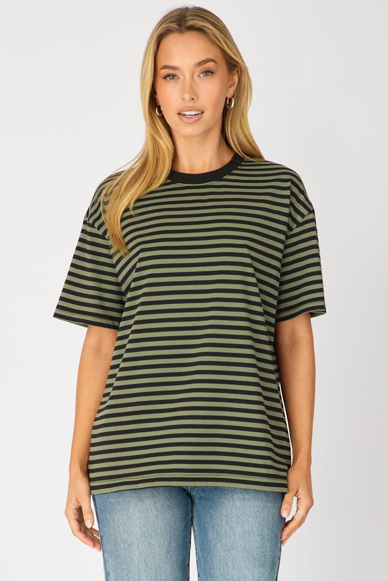Green Stripe Oversized Tee Short Sleeve for Ally Fashion