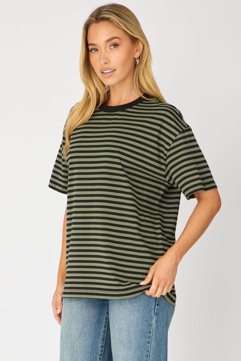 Green Stripe Oversized Tee Short Sleeve for Ally Fashion