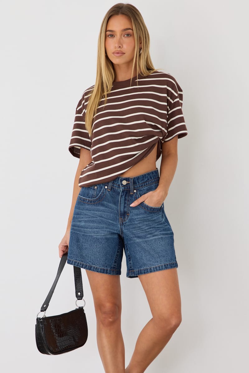 Brown Stripe Oversized Tee Short Sleeve for Ally Fashion