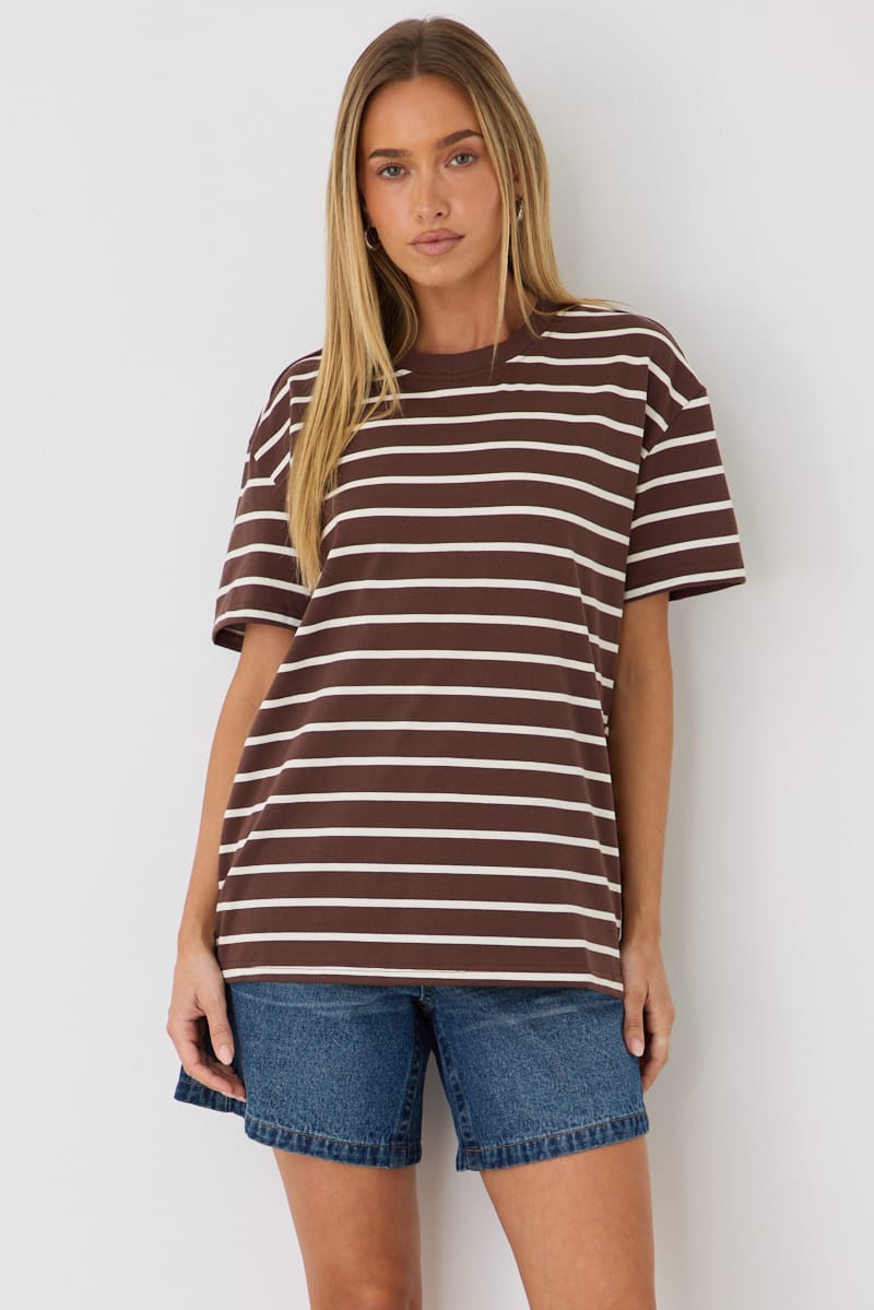 Brown Stripe Oversized Tee Short Sleeve for Ally Fashion