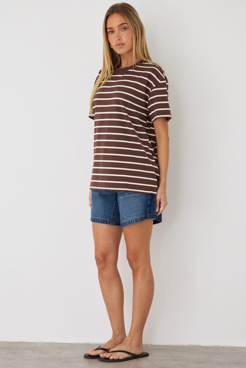 Brown Stripe Oversized Tee Short Sleeve for Ally Fashion