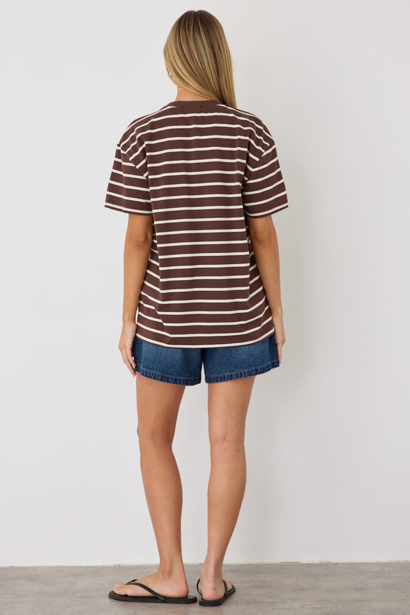 Brown Stripe Oversized Tee Short Sleeve for Ally Fashion