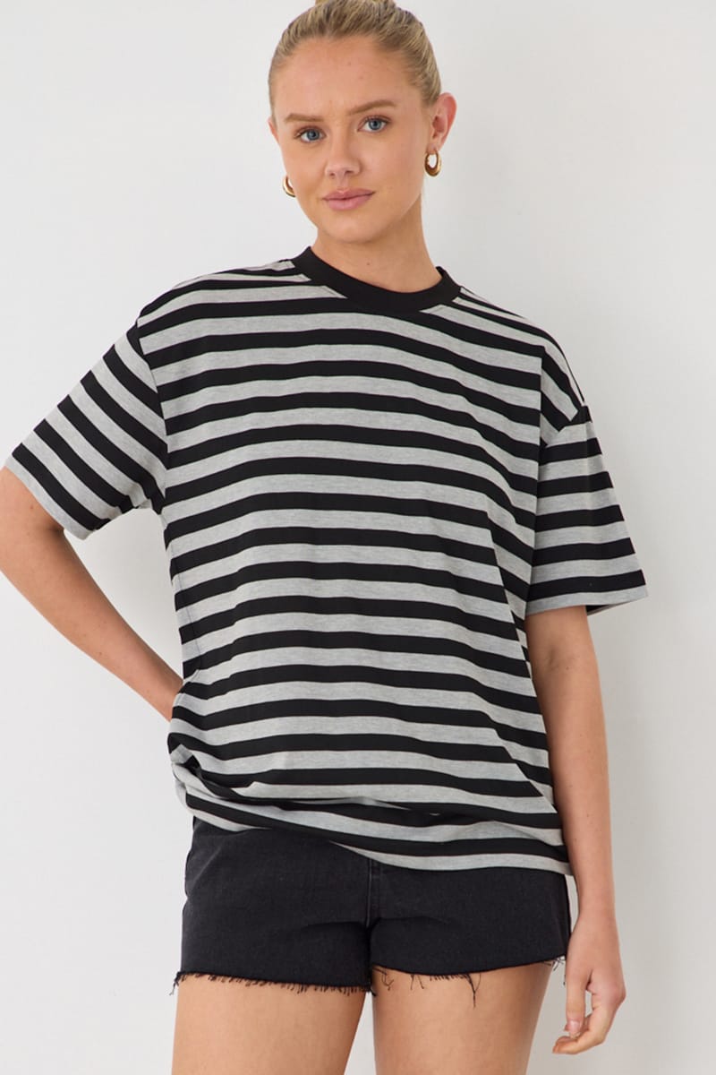 Grey Stripe Oversized Tee Short Sleeve for Ally Fashion
