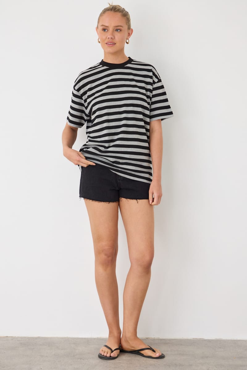 Grey Stripe Oversized Tee Short Sleeve for Ally Fashion