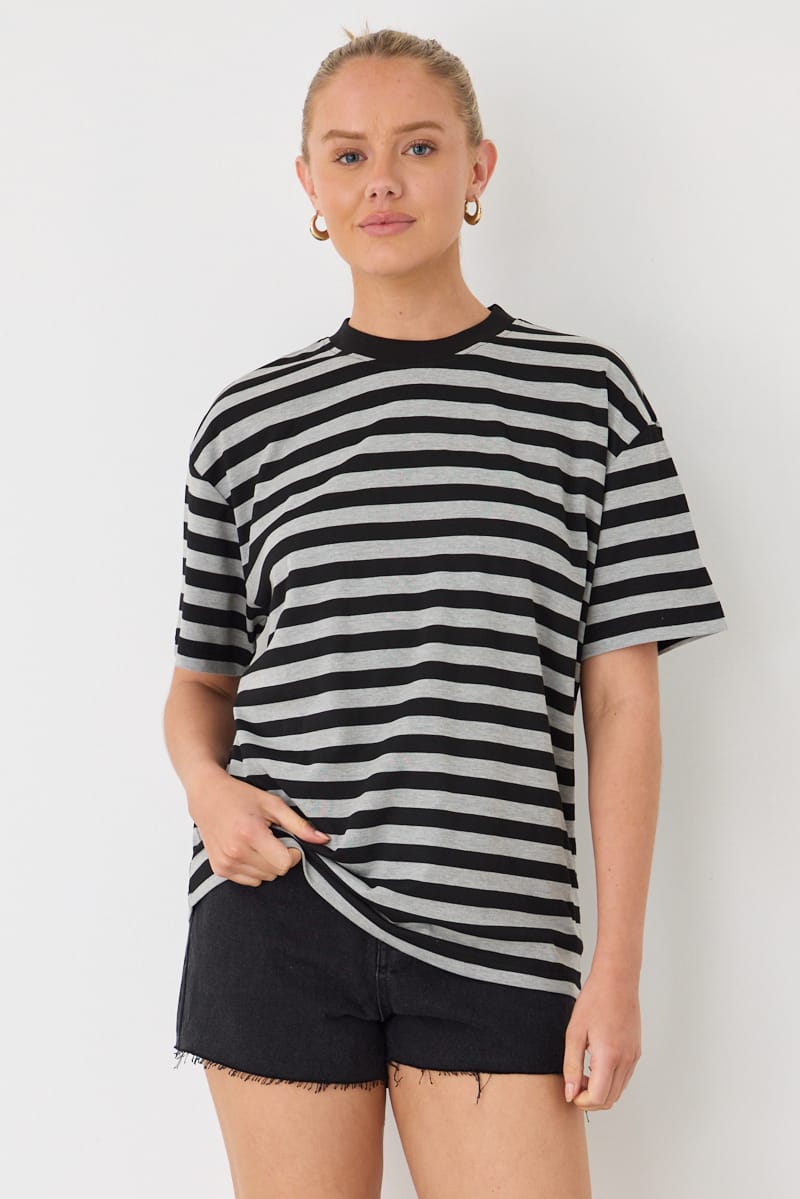 Grey Stripe Oversized Tee Short Sleeve for Ally Fashion