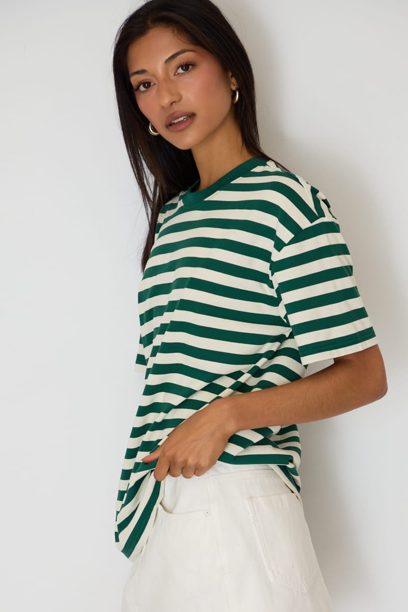Green Stripe Oversized Tee Short Sleeve for Ally Fashion
